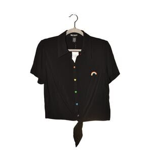 HOT‎ TOPIC NEW $27 Rainbow Buttons Tie Front Woven Button Down Shirt Medium